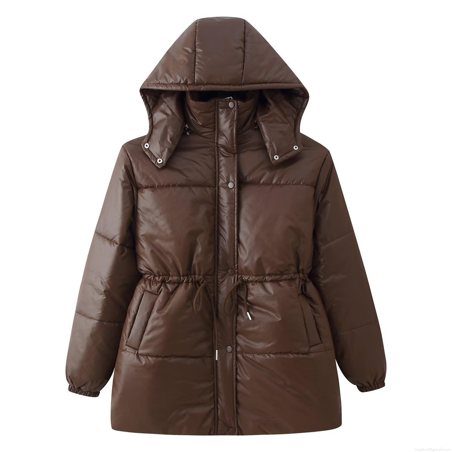 Women's Mid-Length Hooded Puffer Jacket Quilted Cotton-Padded Winter Coat With Drawstring Waist Casual Windproof Outerwear Warm Parka For Ladies