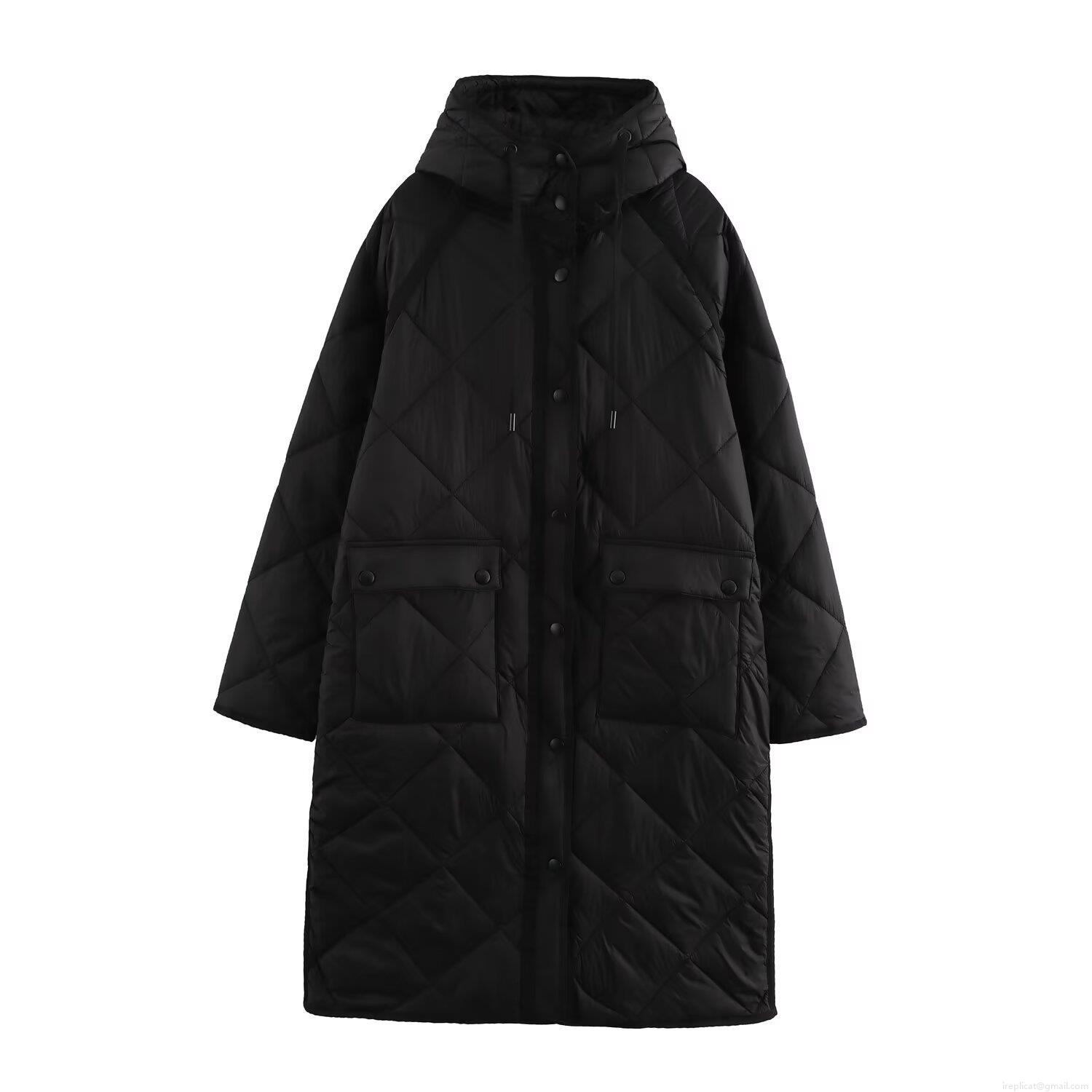 Women's Fashion Leisure Long Diamond Lattice Quilted Hooded Cotton-padded Jacket Loose Warm Winter Puffer Coat Windproof Padded Outwear With Pockets