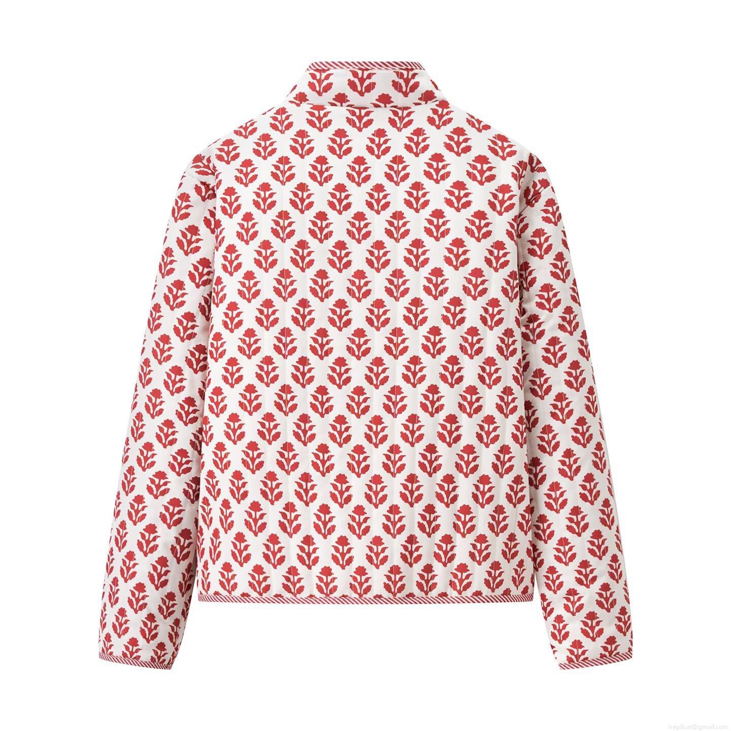 Women's Quilted Floral Print Cotton Padded Jacket Casual Stand Collar Double Sided Long Sleeve Warm Coat Fashion Outerwear For Fall Winter