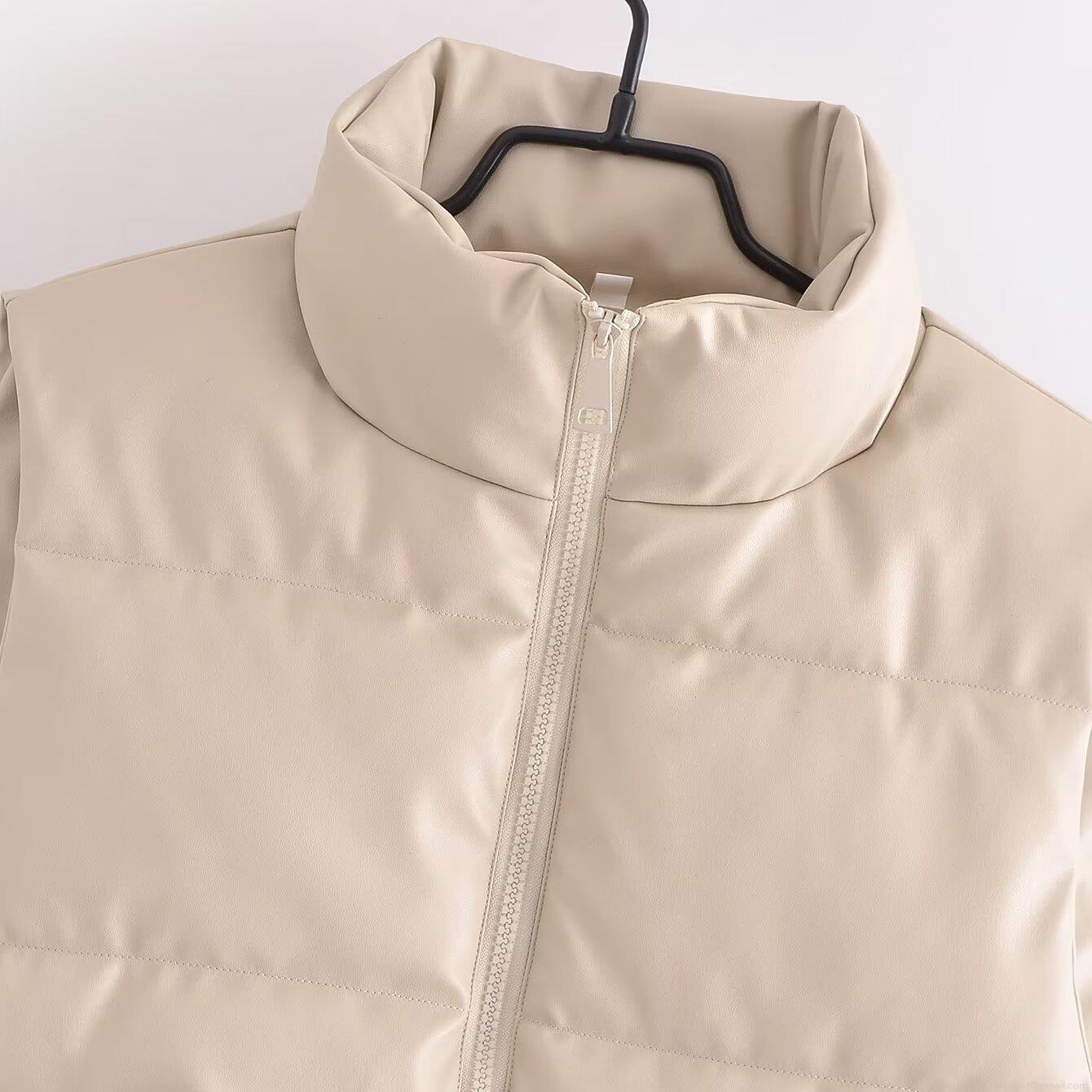Women's Fashion PU Leather Padded Vest Casual Stand Collar Quilted Sleeveless Jacket With Pockets Warm Solid Color Autumn Winter Waistcoat For Women Ladies