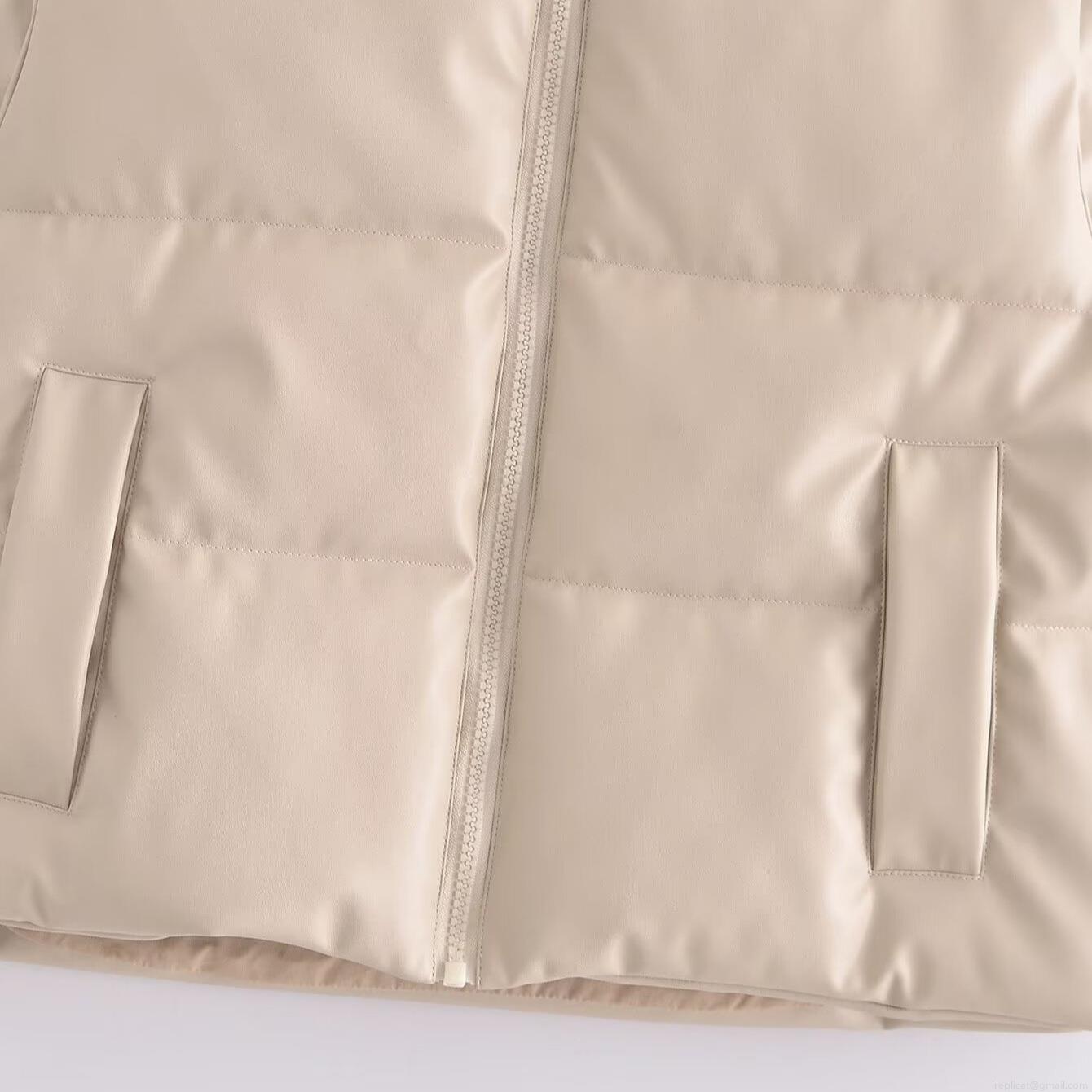 Women's Fashion PU Leather Padded Vest Casual Stand Collar Quilted Sleeveless Jacket With Pockets Warm Solid Color Autumn Winter Waistcoat For Women Ladies