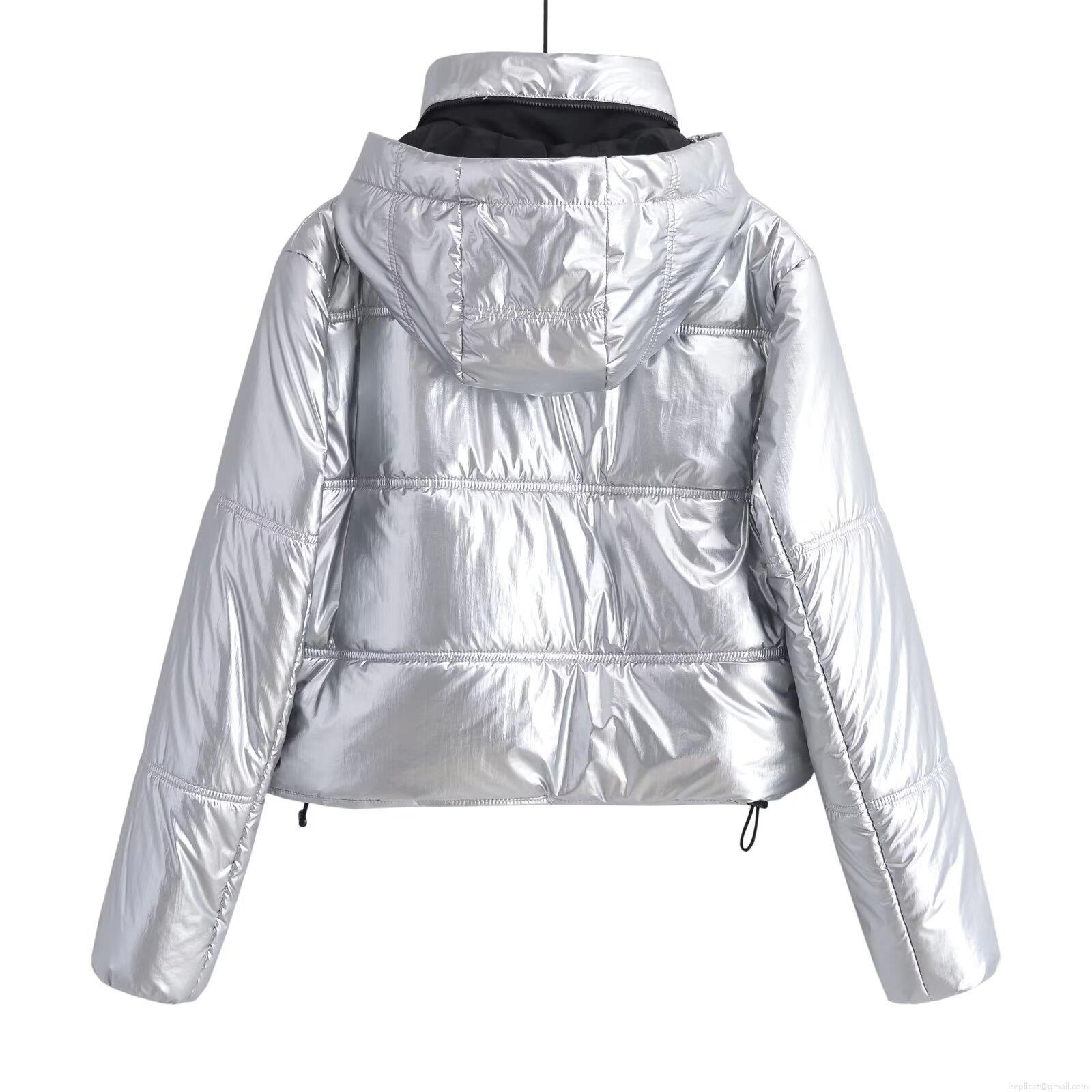 Women's Metallic Puffer Jacket Shiny Coated Hooded Zip Up Short Coat Winter Outdoor Warm Fashion Modern Padded Outerwear