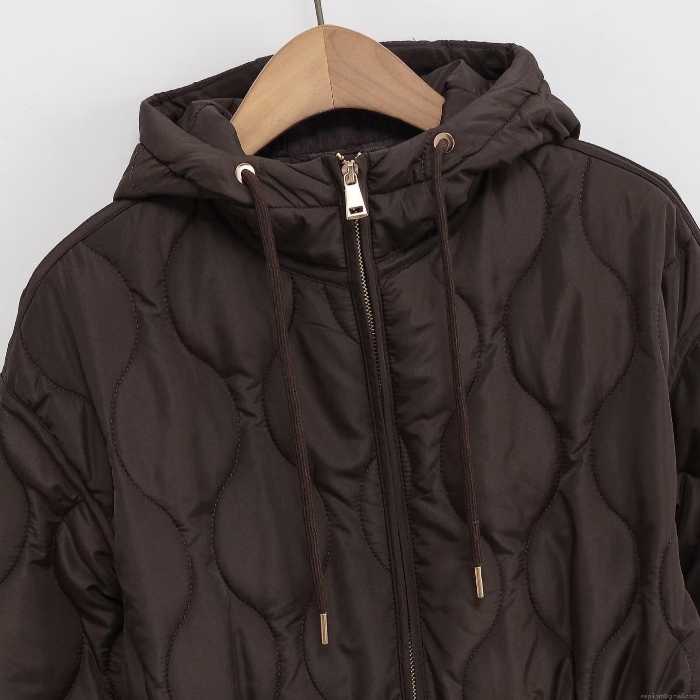 Women's Casual Quilted Padded Jacket Hooded Scallop Pattern Quilting Drawstring Waist Mid-Length Outerwear Coat With Zipper Pockets Solid Color Autumn Winter Warm Loose Jacket For Women