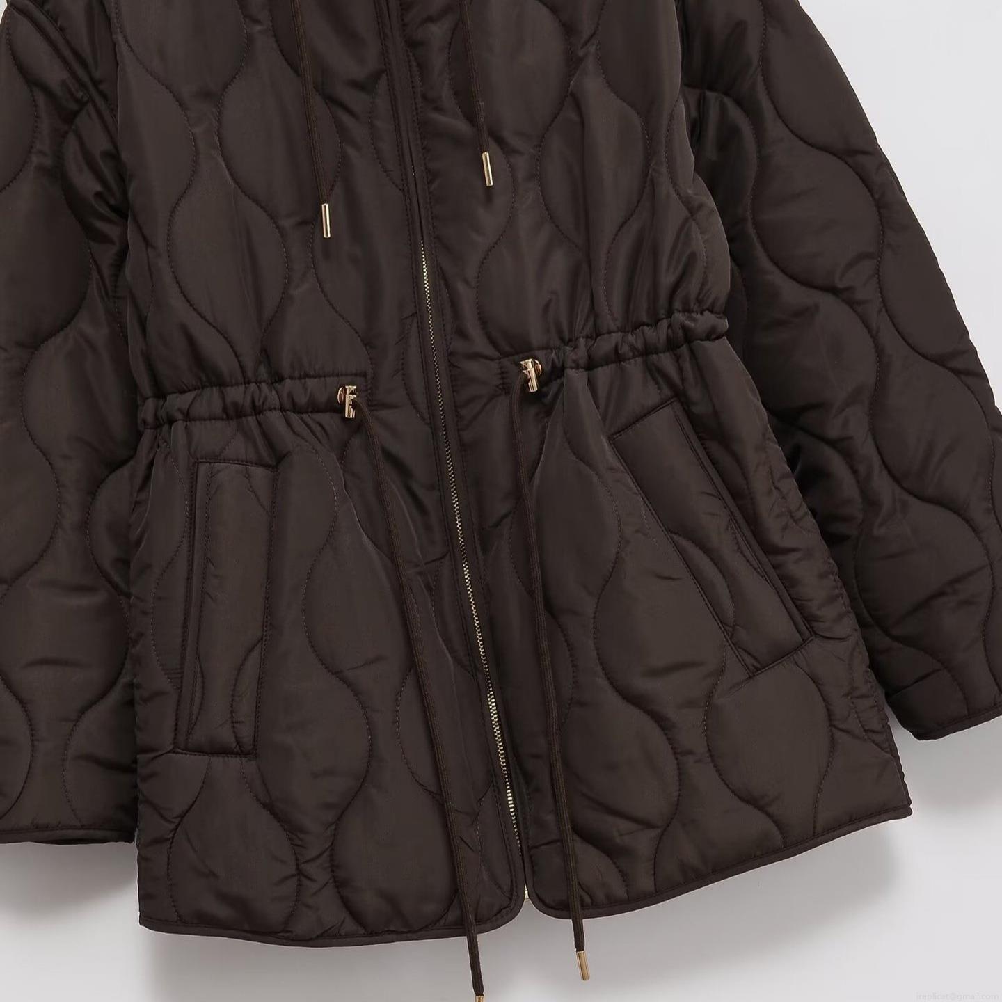 Women's Casual Quilted Padded Jacket Hooded Scallop Pattern Quilting Drawstring Waist Mid-Length Outerwear Coat With Zipper Pockets Solid Color Autumn Winter Warm Loose Jacket For Women
