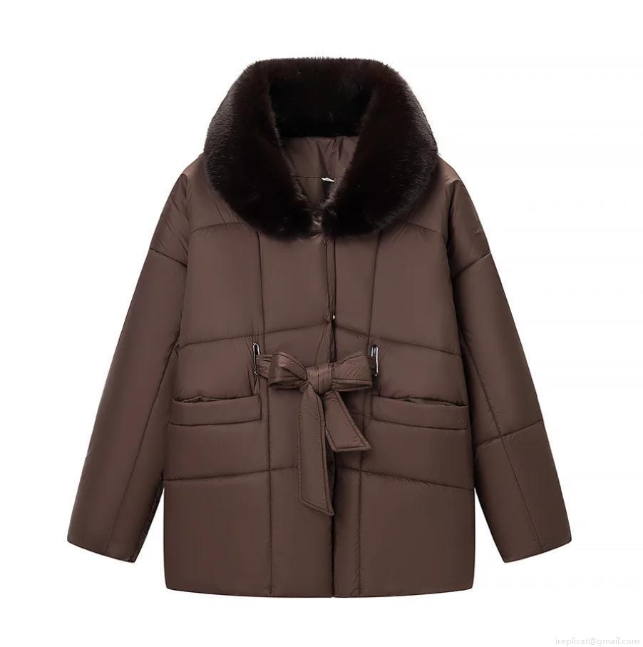 Women's Padded Puffer Jacket With Detachable Faux Fur Collar Thickened Quilted Winter Coat With Bow Tie Belt Mid-Length Warm Windproof Outwear For Women