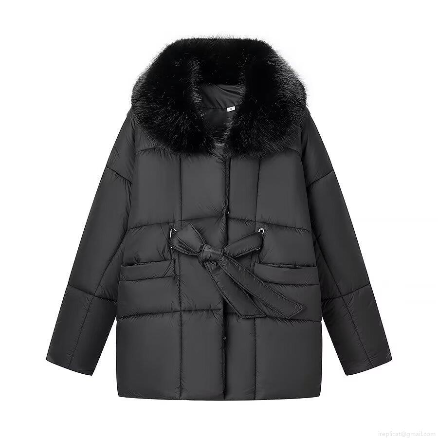 Women's Padded Puffer Jacket With Detachable Faux Fur Collar Thickened Quilted Winter Coat With Bow Tie Belt Mid-Length Warm Windproof Outwear For Women