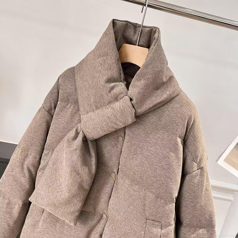 Women's Winter Puffy Padded Jacket With Detachable Scarf Solid Color Quilted Warm Thick Cotton Coat Loose Casual Outerwear Camel