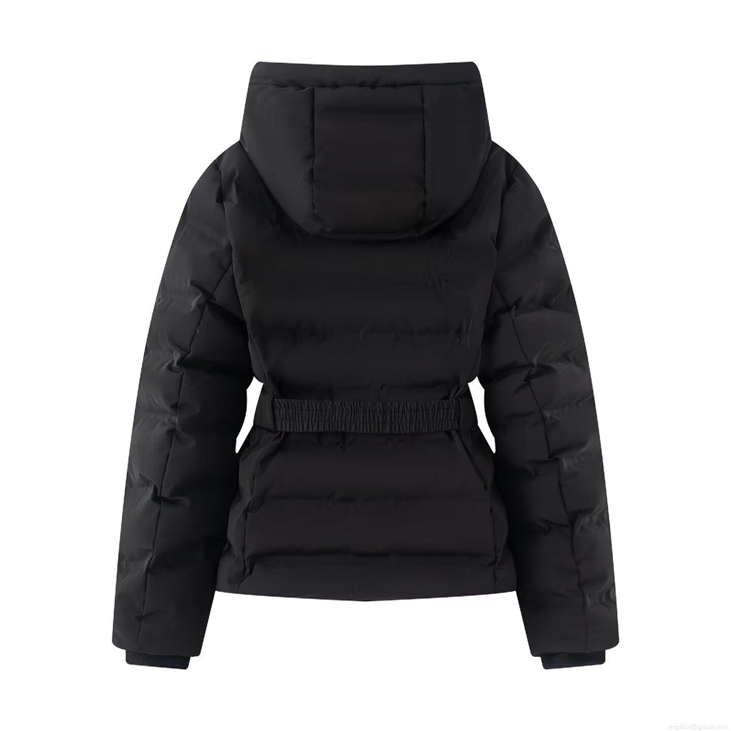 Women's Slim Hooded Puffer Jacket With Belt Winter Warm Windproof Waterproof Cotton Padded Short Coat Polyester Spandex Casual Solid Color Outerwear