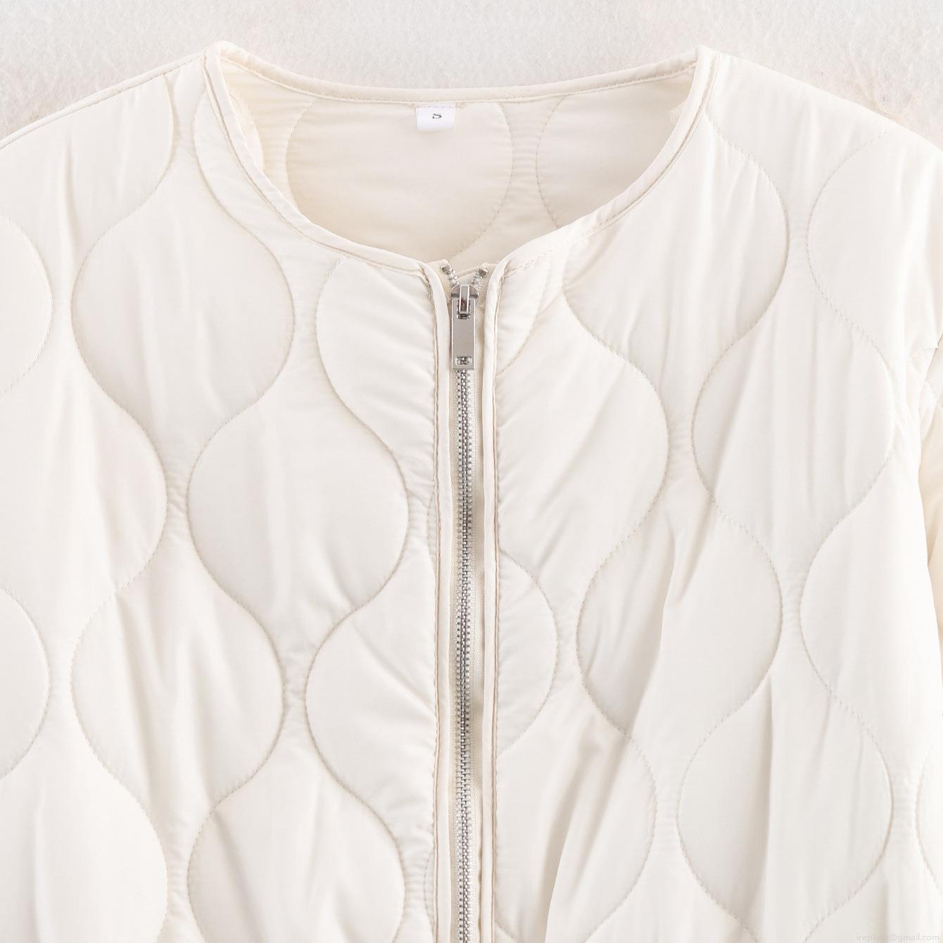 Women's Fashion Quilted Padded Jacket Casual Solid Color Round Neck Lightweight Warm Polyester Outerwear Coat With Waist Belt For Winter Daily Wear