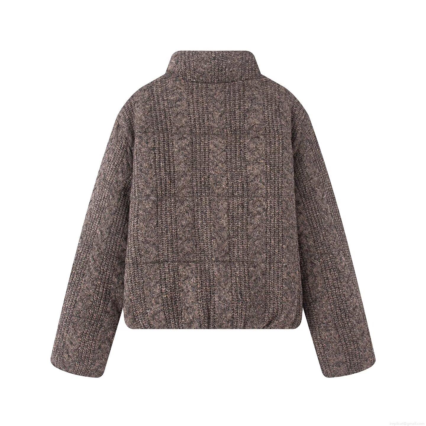 Women's Knit Texture Puffer Jacket Warm Cotton Padded Coat With Stand Collar Zip Up Thick Cable Knit Outerwear For Winter Casual Lady