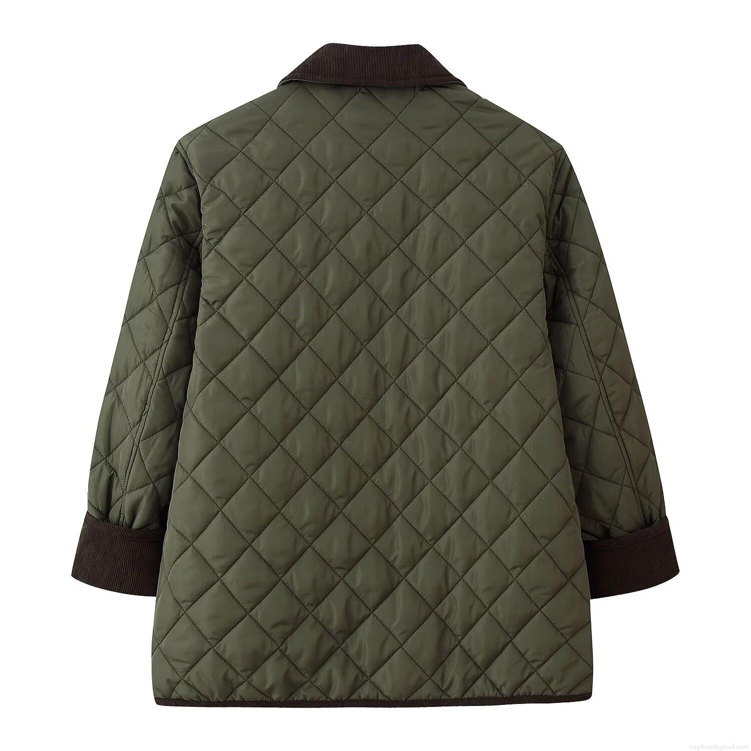Women's Retro Diamond Quilted Jacket With Corduroy Collar Loose Fit Single Breasted Long Sleeve Casual Padded Coat For Winter