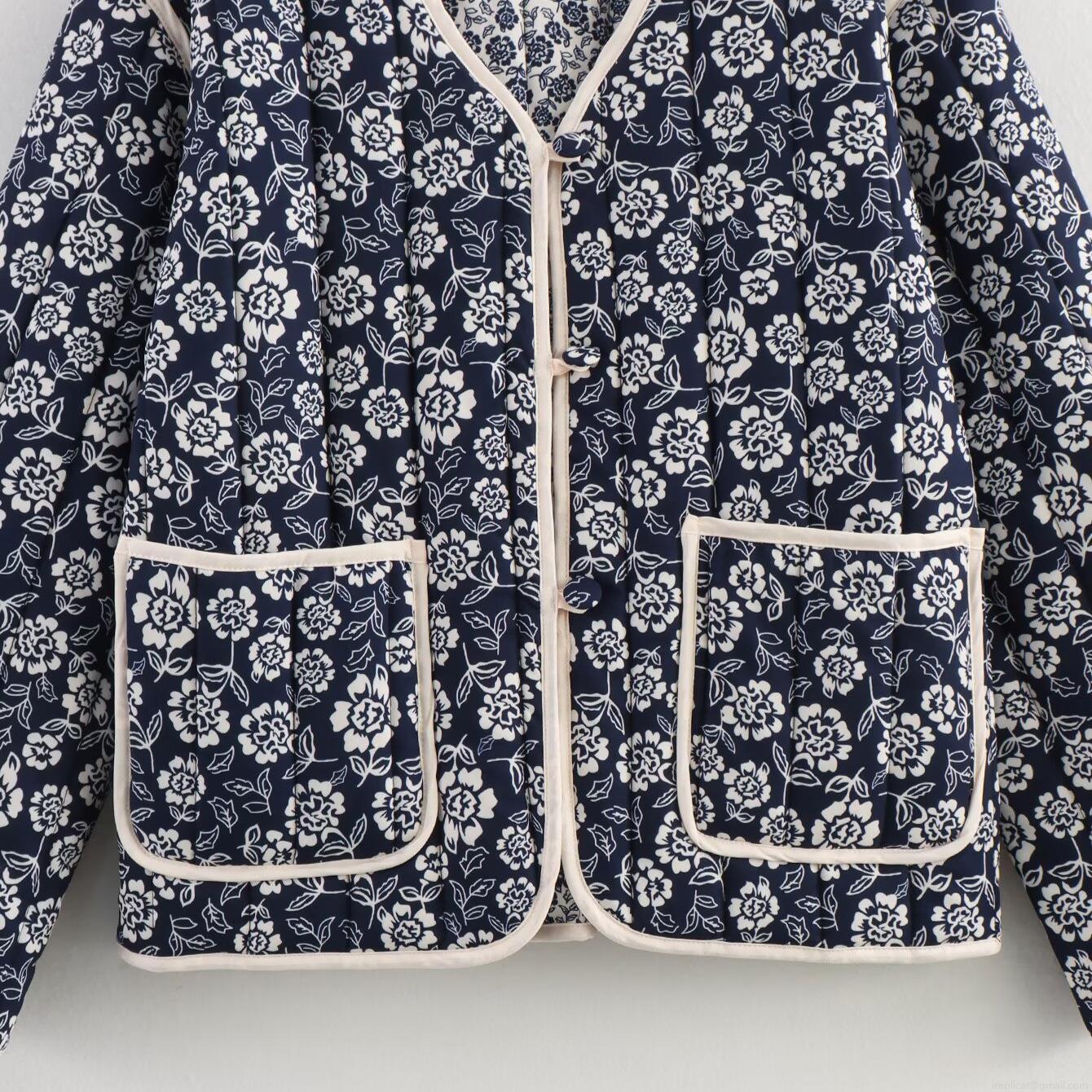 Women's Vintage Floral Quilted Jacket V-Neck Single Breasted Padded Coat Retro Lightweight Winter Outerwear For Women Casual Warm Puffer Jacket