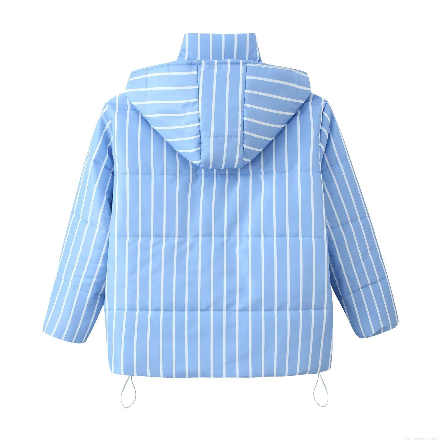Women's Winter Padded Jacket Polyester Striped Loose Fit Hooded Coat With Stand Collar And Drawstring Casual Outwear For Ladies Warm Outerwear