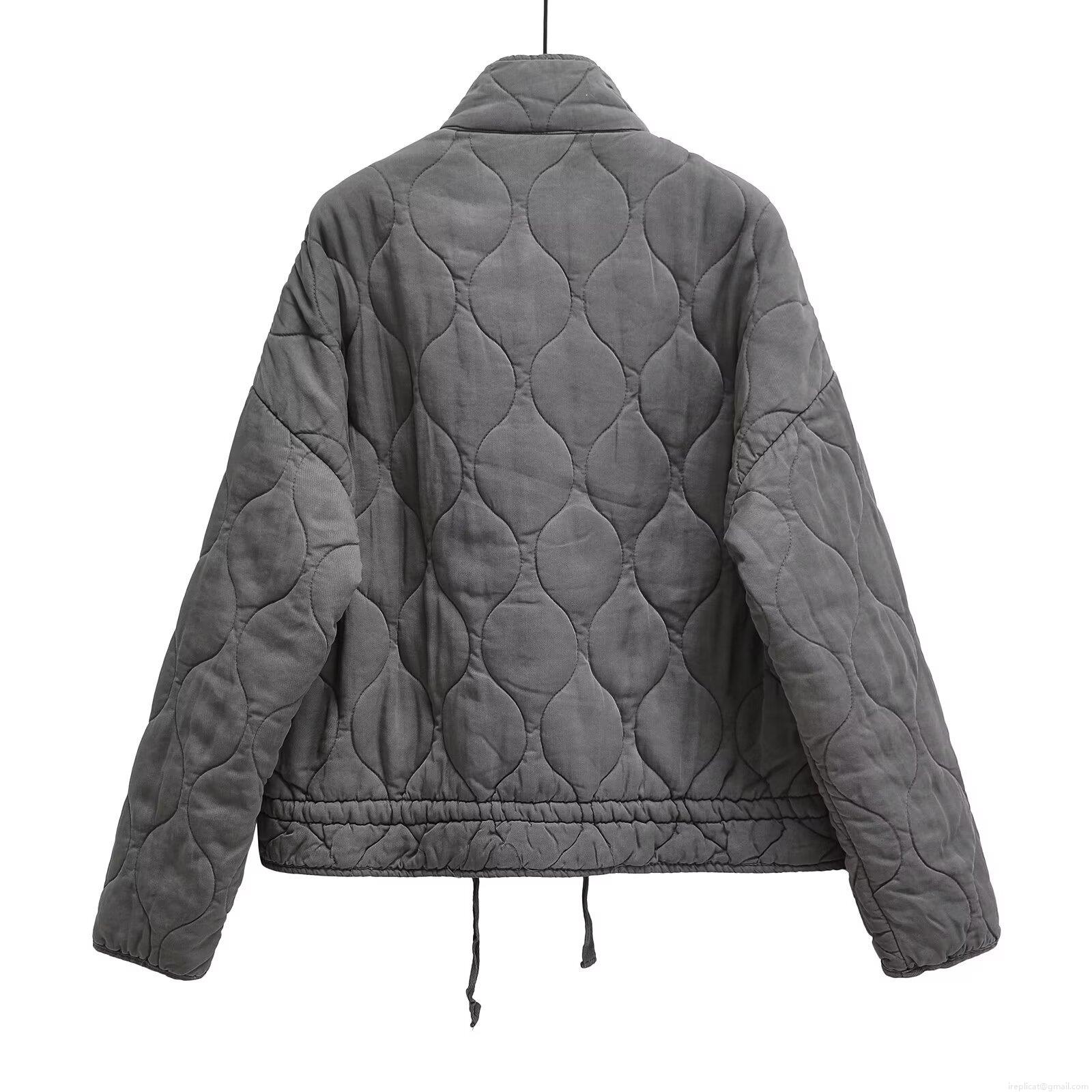 Women's Casual Quilted Puffer Jacket Stand Collar Zip Up Cotton Blend Padded Coat With Drawstring Hem Patch Pockets Vintage Loose Outerwear Winter