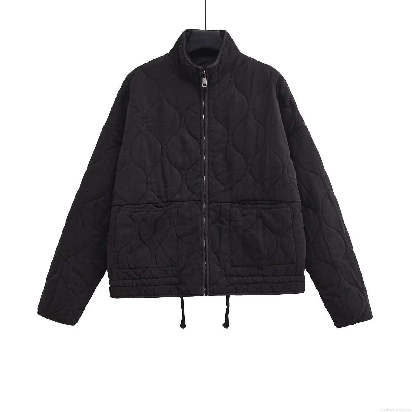 Women's Casual Quilted Puffer Jacket Stand Collar Zip Up Cotton Blend Padded Coat With Drawstring Hem Patch Pockets Vintage Loose Outerwear Winter