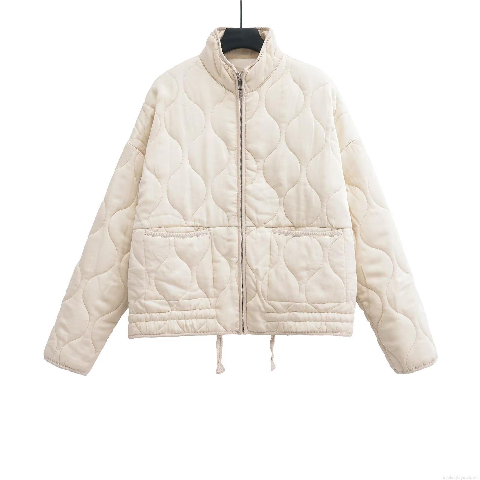 Women's Casual Quilted Puffer Jacket Stand Collar Zip Up Cotton Blend Padded Coat With Drawstring Hem Patch Pockets Vintage Loose Outerwear Winter