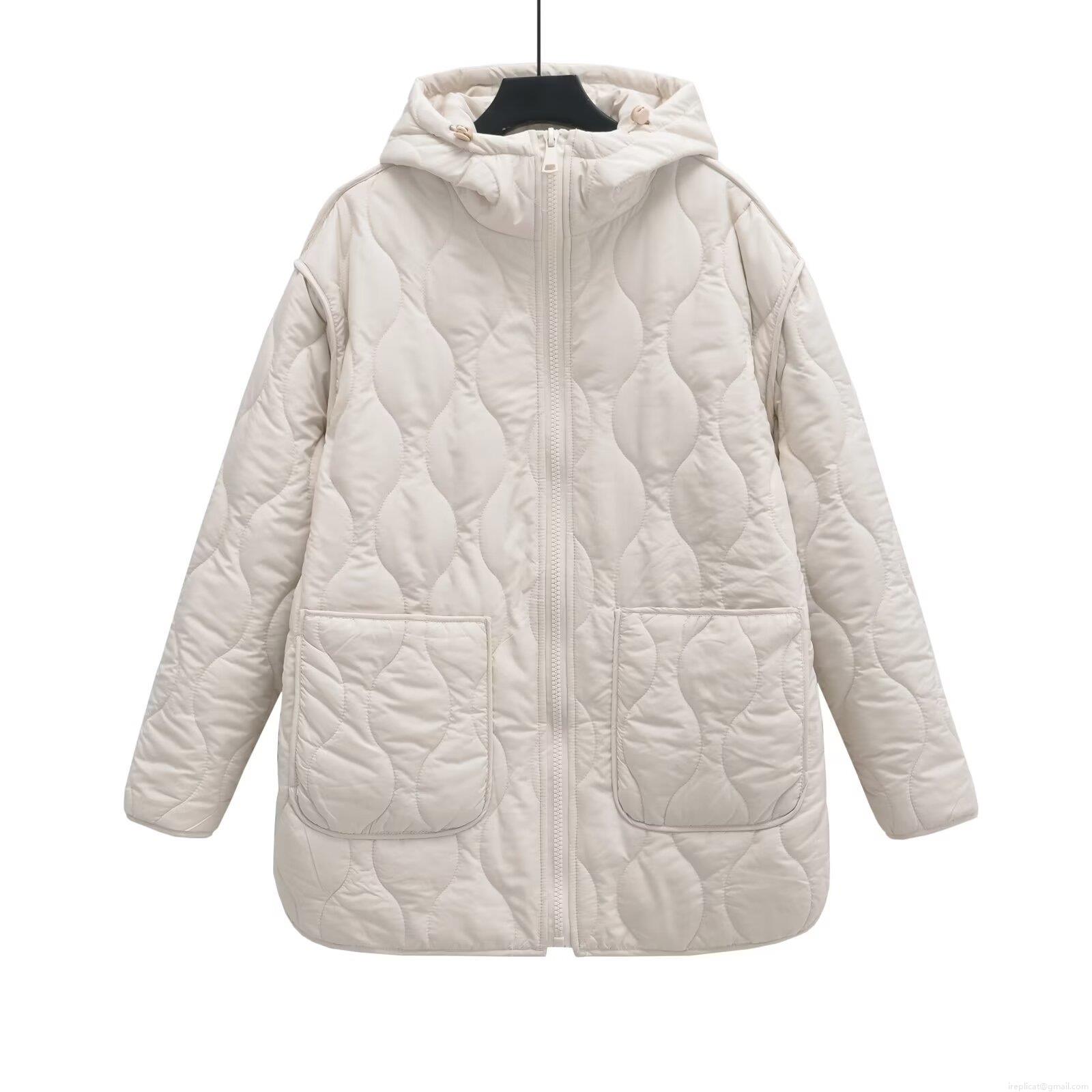 Women Quilted Hooded Jacket Casual Long Sleeve Wave Quilted Puffer Coat With Large Pockets Solid Color Lightweight Outerwear For Autumn Winter