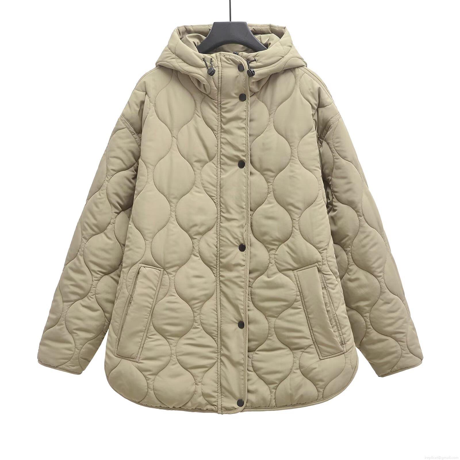 Women's Loose Hooded Quilted Jacket Wave Pattern Cotton Padded Coat Solid Color Warm Outerwear For Winter Casual Retro Style Button Up Long Sleeve Jacket