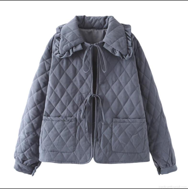 Women's Lightweight Diamond Quilted Jacket With Ruffle Collar Casual Loose Tie-up Padded Coat Cotton Blend Long Sleeve Outerwear For Autumn Winter