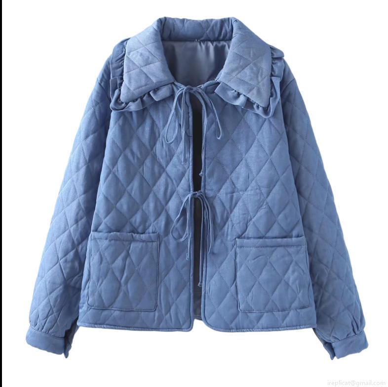 Women's Lightweight Diamond Quilted Jacket With Ruffle Collar Casual Loose Tie-up Padded Coat Cotton Blend Long Sleeve Outerwear For Autumn Winter