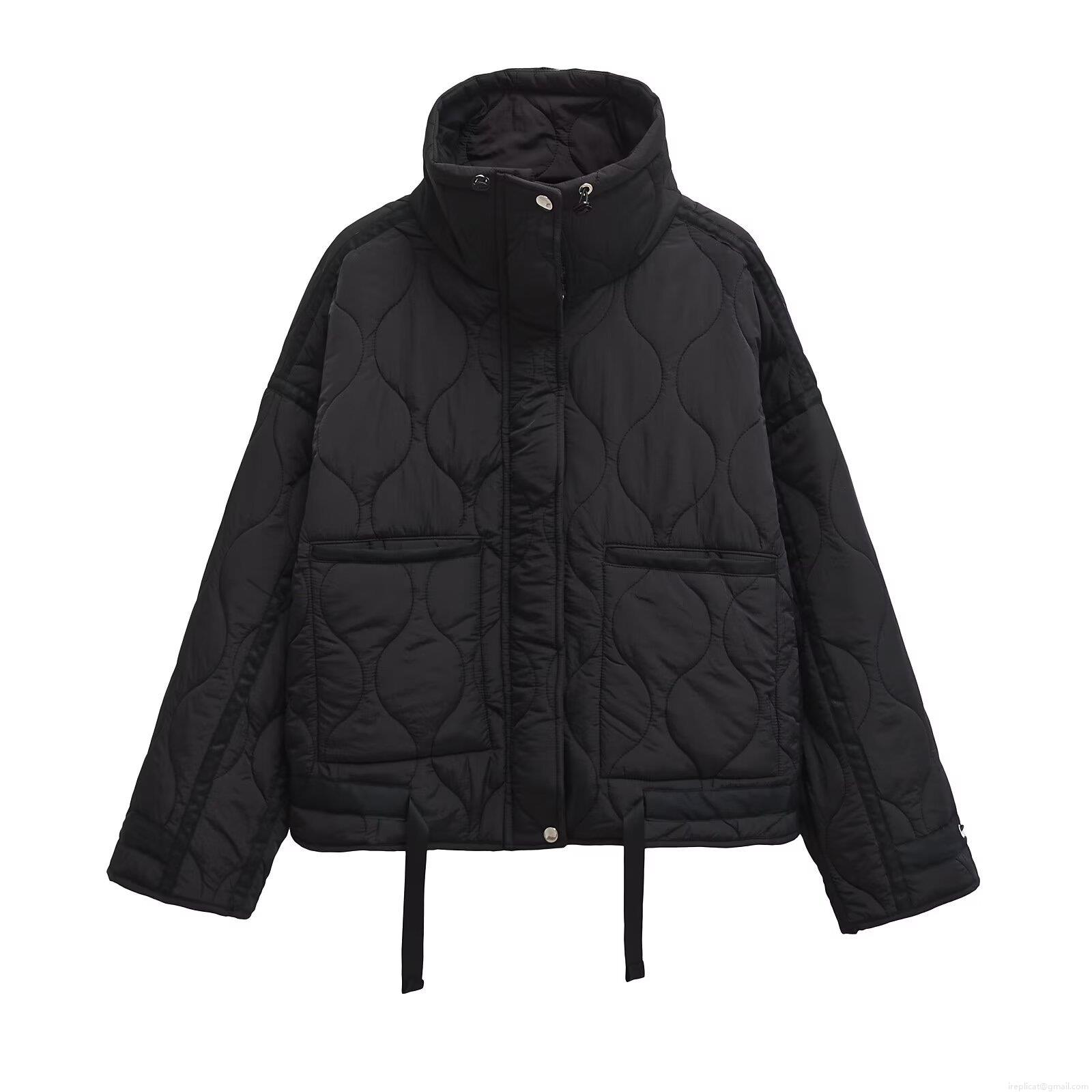 Women's Water Ripple Quilted Padded Jacket Casual Stand Collar Loose Fit Outerwear With Drawstring Hem And Multi Pockets For Winter Autumn Fashion