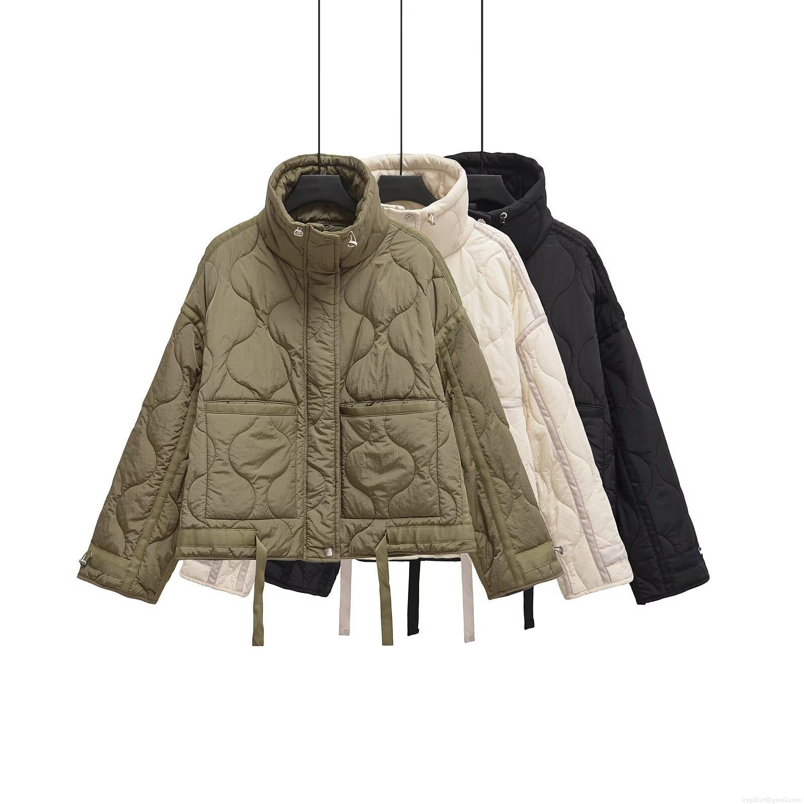 Women's Water Ripple Quilted Padded Jacket Casual Stand Collar Loose Fit Outerwear With Drawstring Hem And Multi Pockets For Winter Autumn Fashion