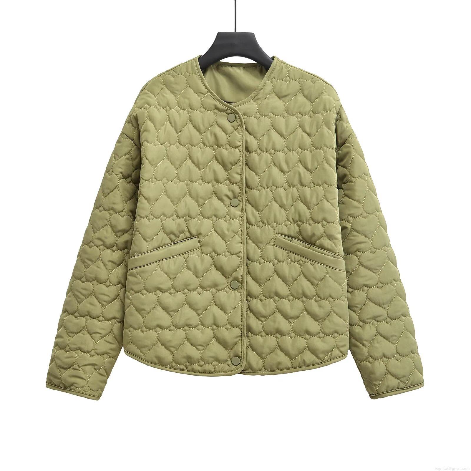 Women's Heart Quilted Cotton Padded Jacket Lightweight Round Neck Button Down Casual Loose Outerwear Coat For Winter Fall