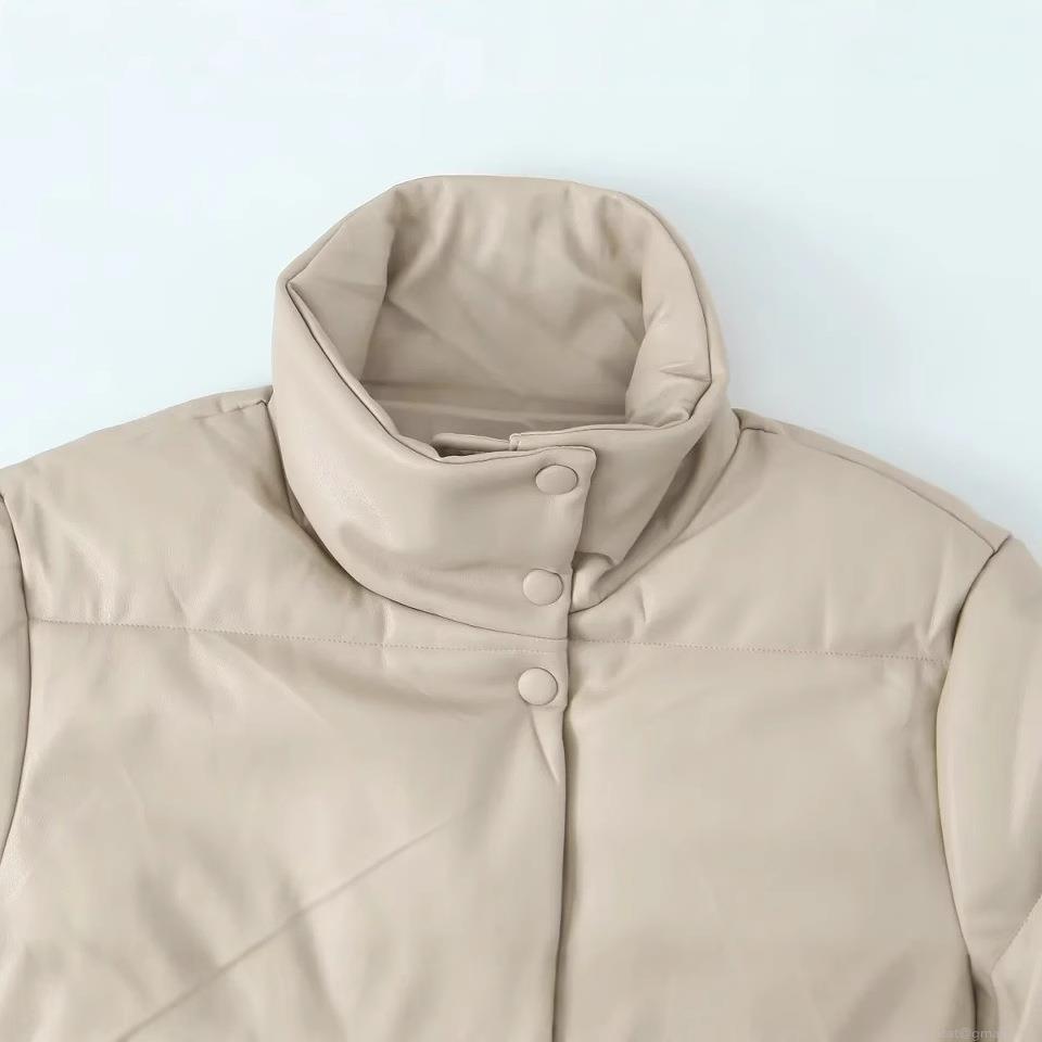 Women's Vintage Faux Leather Padded Jacket Stand Collar Single Breasted Warm Puffer Coat Winter Outerwear PU Leather Quilted Jacket For Women