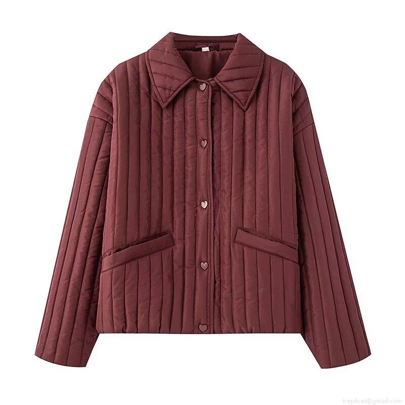 Women's Quilted Padded Jacket Cotton Blend Warm Coat Heart Shaped Buttons Vertical Stripe Stitching Long Sleeve Shirt Collar Vintage Fall Winter Outwear