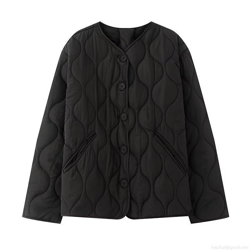 Women's Casual Quilted Cotton Jacket Vintage Wave Pattern Button Up Long Sleeve Round Neck Lightweight Puffer Outerwear For Fall Winter Women Clothing