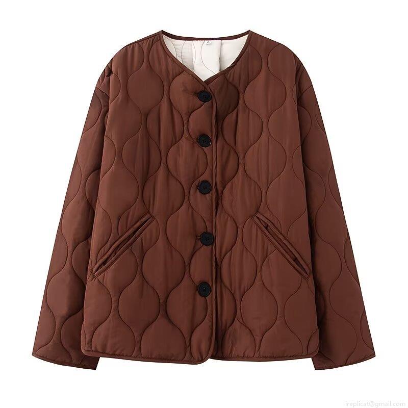 Women's Casual Quilted Cotton Jacket Vintage Wave Pattern Button Up Long Sleeve Round Neck Lightweight Puffer Outerwear For Fall Winter Women Clothing