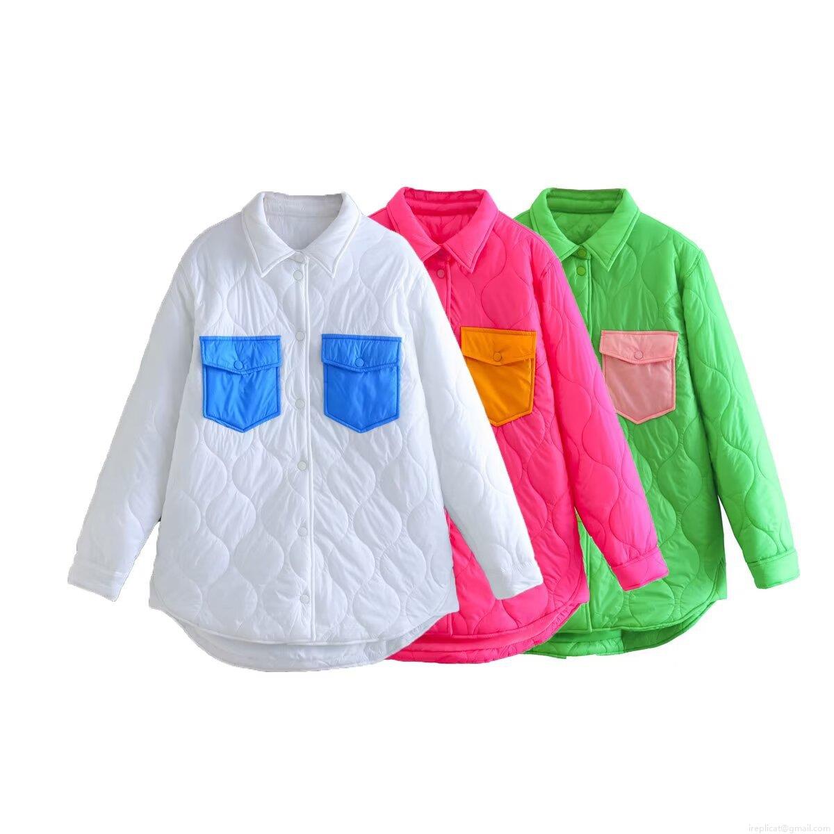 Women Quilted Jacket Color Block Contrast Pocket Padded Coat Lightweight Shirt Jacket Button Down Outwear For Fall Winter Casual Streetwear Fashion