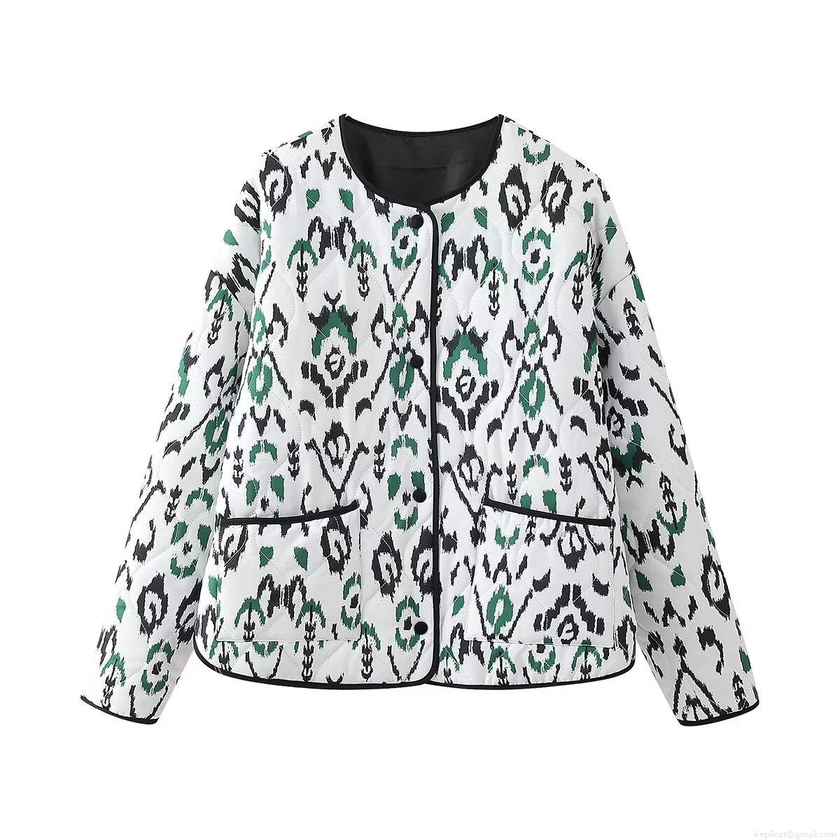 Women's Ethnic Print Quilted Padded Jacket Round Neck Button Up Lightweight Warm Outerwear Retro Bohemian Geometric Print Long Sleeve Autumn Winter Coat With Pockets