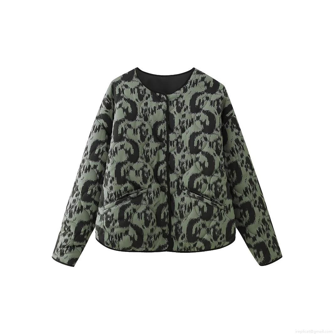 Women's Ethnic Print Quilted Padded Jacket Round Neck Button Up Lightweight Warm Outerwear Retro Bohemian Geometric Print Long Sleeve Autumn Winter Coat With Pockets