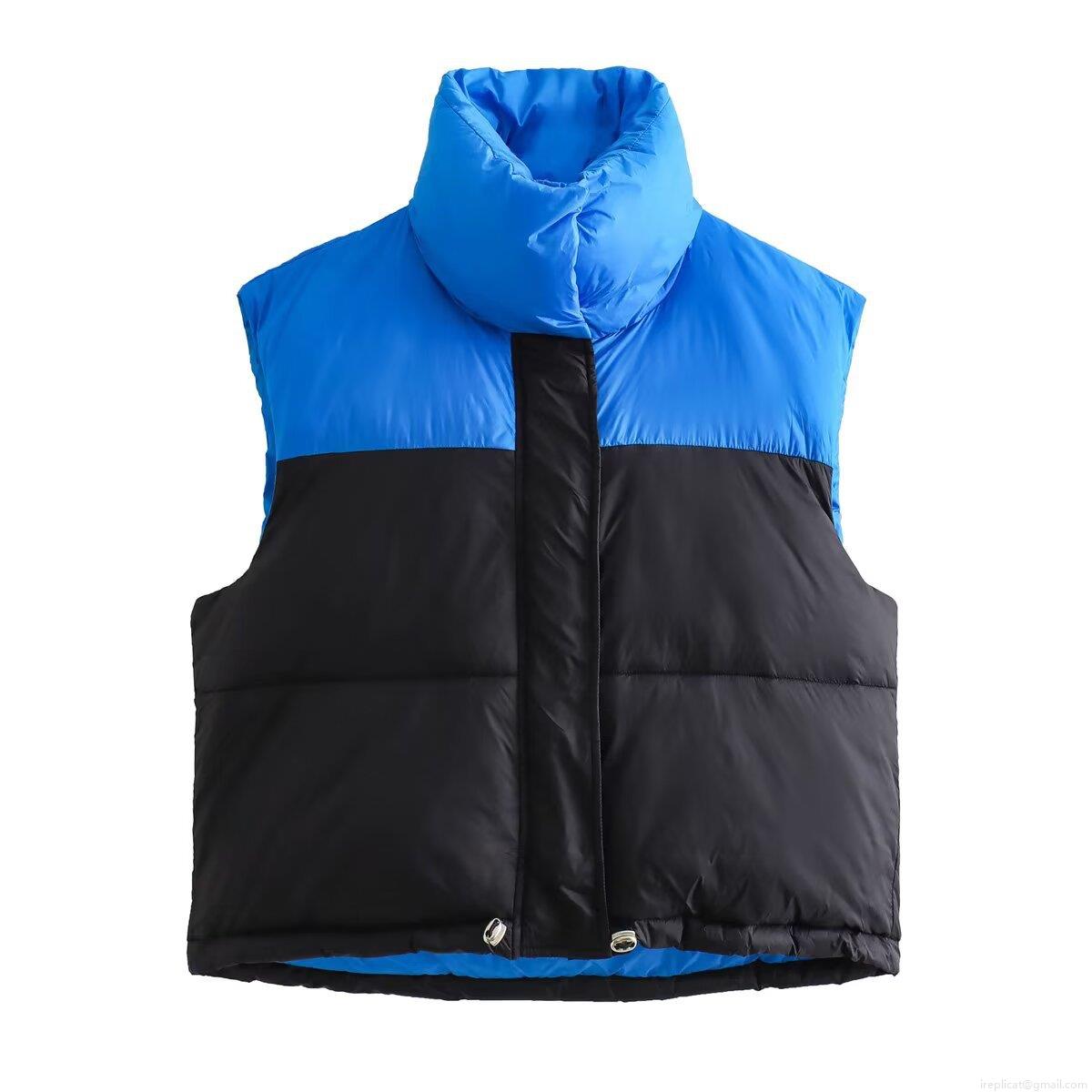 Women's Puffer Vest 100% Polyester Color-block Stand-up Collar Sleeveless Cotton Padded Jacket With Zipper Drawstring Hem For Casual Outdoor Winter Wear