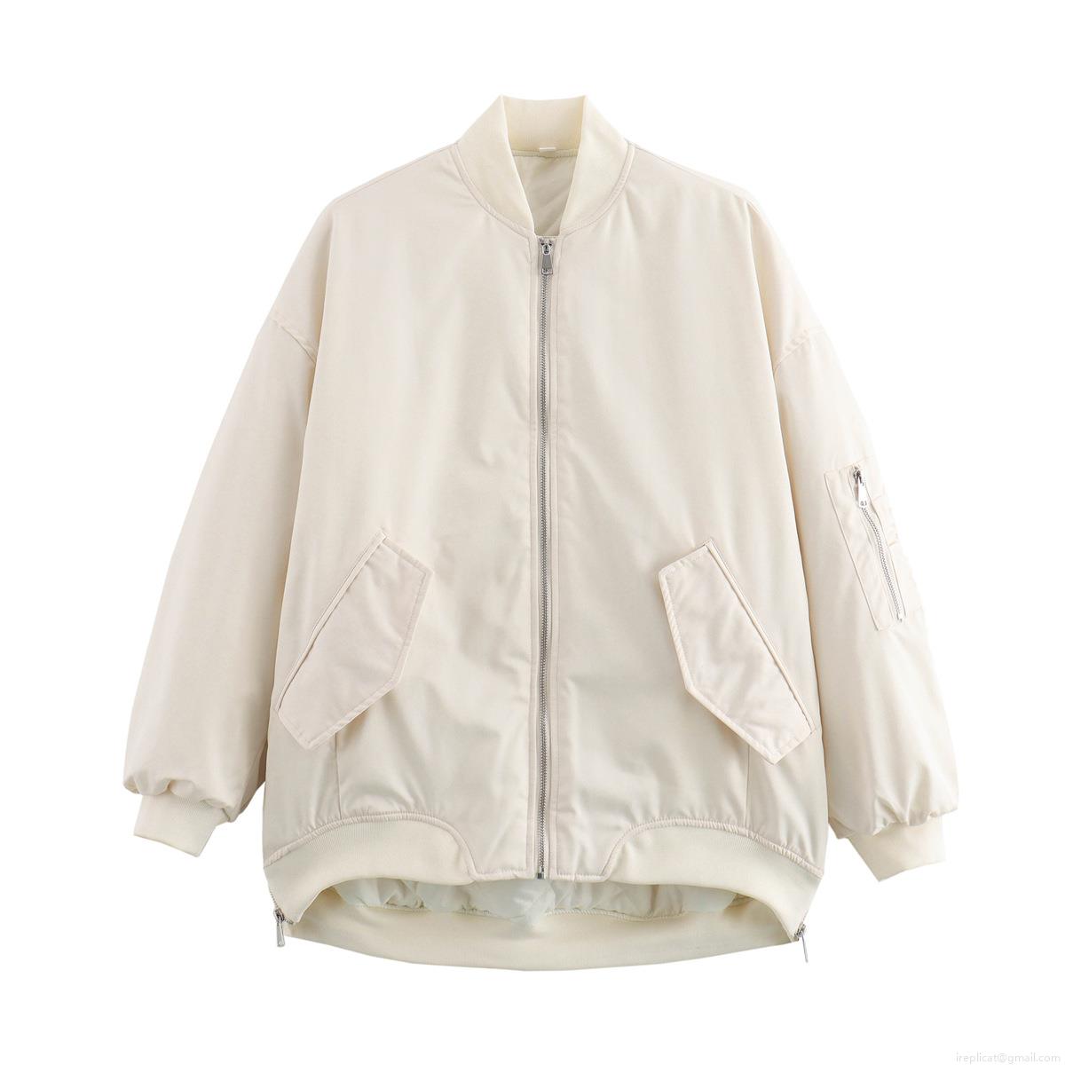 Women's Loose MA-1 Flight Bomber Jacket Padded Cotton Coat With Pocket Windproof Casual Streetwear Outerwear For Autumn Winter