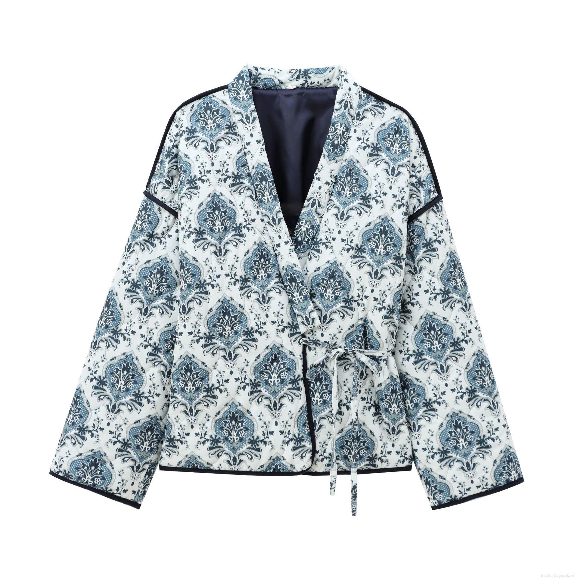 Women's Vintage Paisley Print Quilted Jacket Retro Boho Lace-up Long Sleeve Padded Cotton Coat Autumn Winter Warm Outerwear For Women