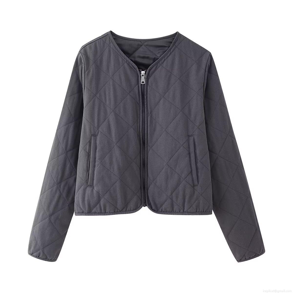 Women's Vintage Diamond Quilted Cotton Padded Jacket Lightweight V-Neck Zipper Outwear Casual Winter Coat For Women