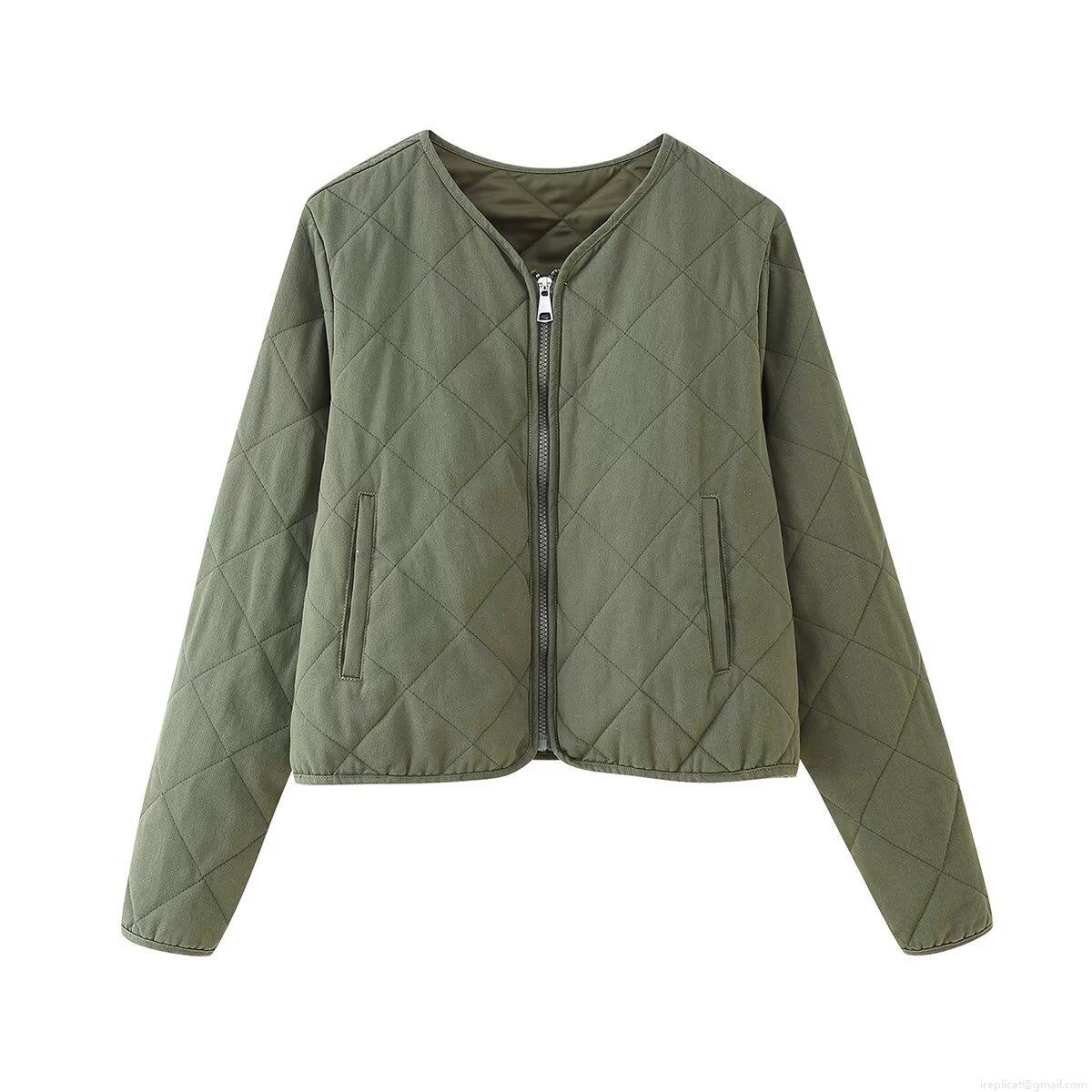 Women's Vintage Diamond Quilted Cotton Padded Jacket Lightweight V-Neck Zipper Outwear Casual Winter Coat For Women