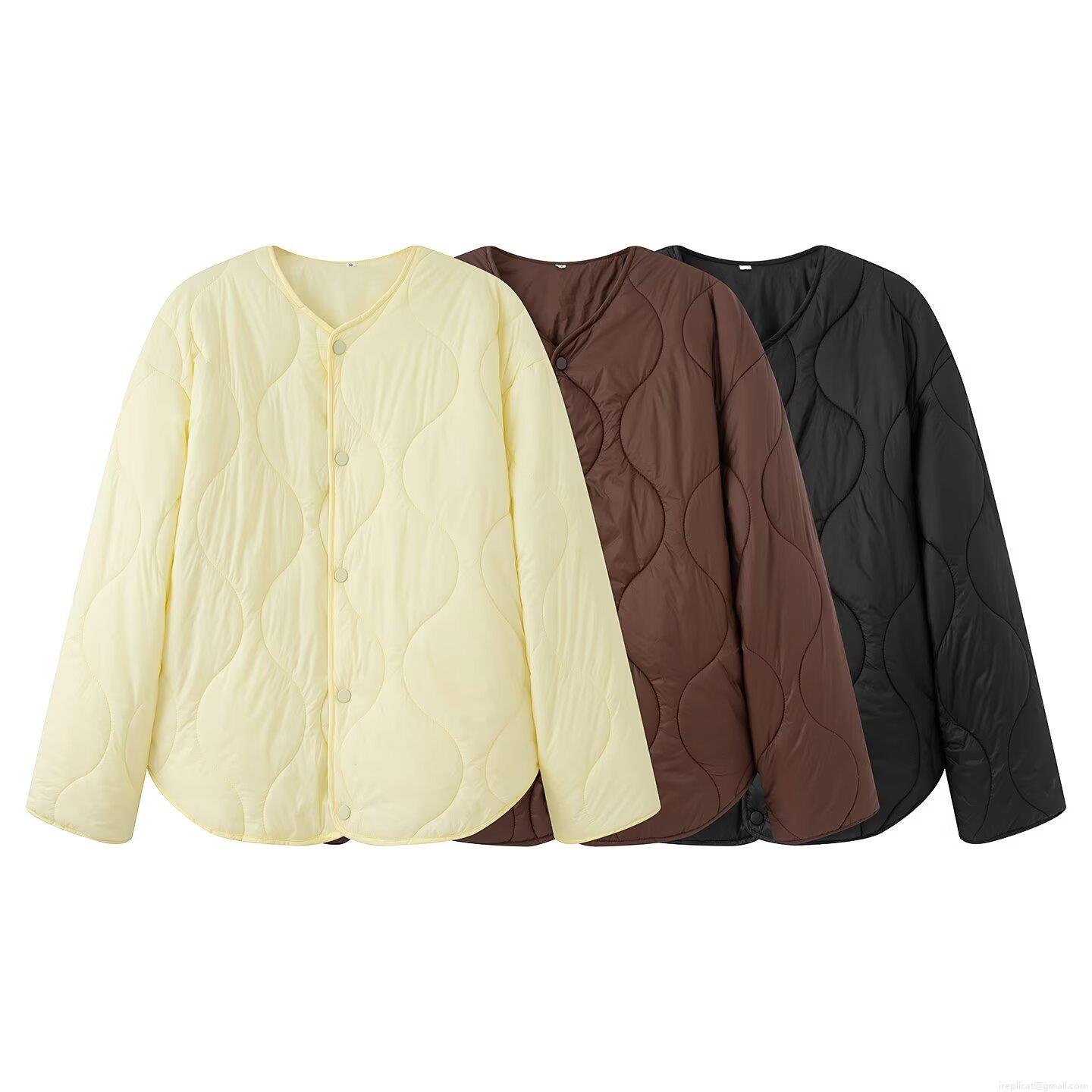 Women's Lightweight Quilted Padded Jacket 100% Polyester Wave Stitching Crew Neck Long Sleeve Coat Fall Winter Casual Vintage Warm Button Top