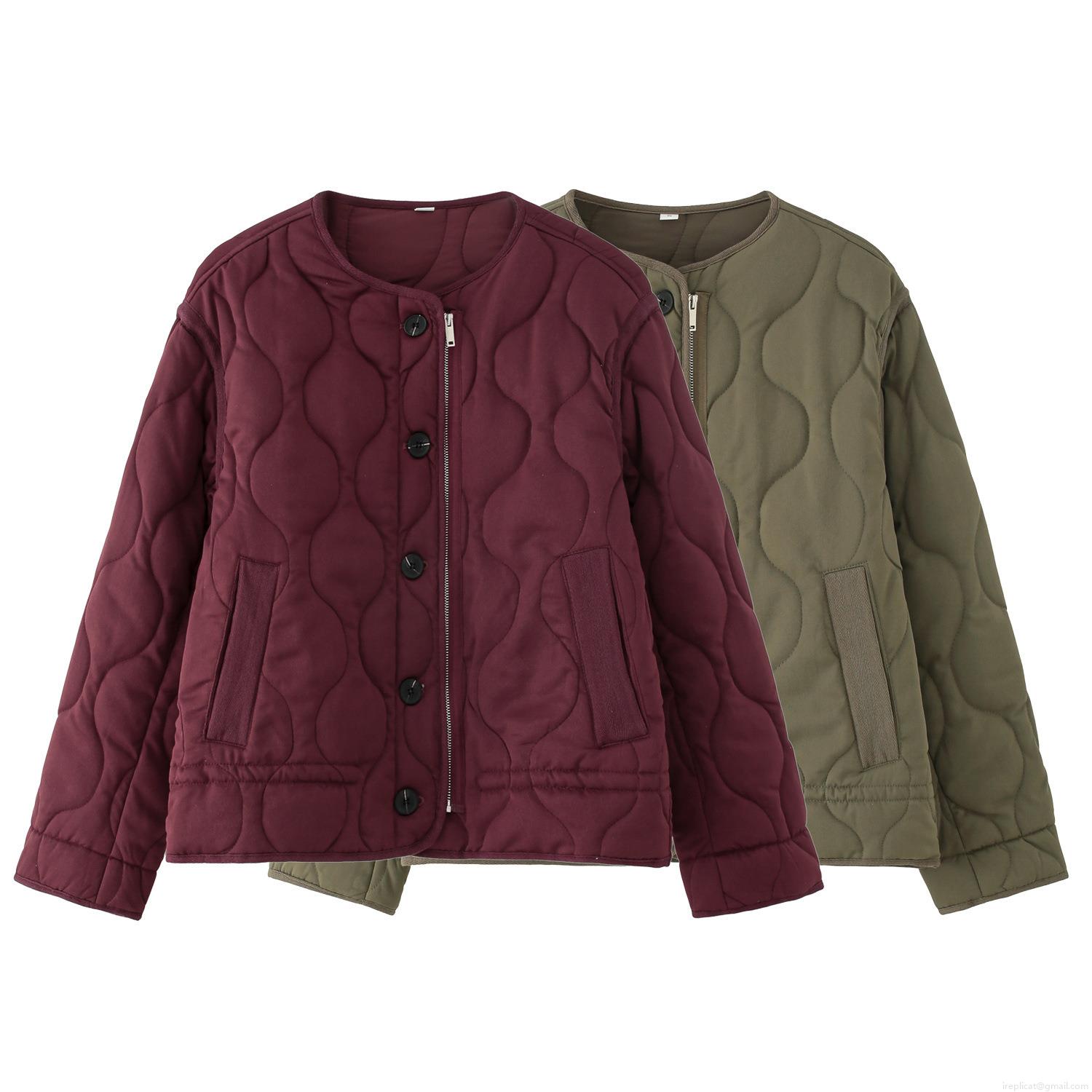 Women Vintage Quilted Jacket 100% Polyester Lightweight Padded Coat With Zipper Button Closure Streetwear Round Neck Warm Outerwear For Autumn Winter Ladies