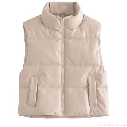 Women PU Leather Puffer Vest Stand Collar Quilted Sleeveless Padded Jacket Zip Up Warm Gilet Solid Color Fashion Casual Waistcoat For Women Daily Outwear