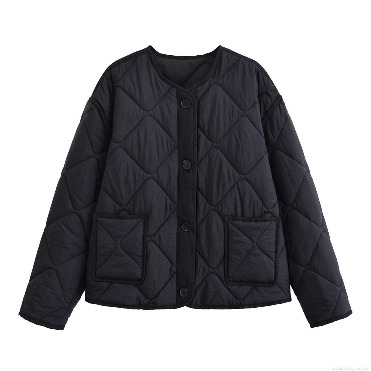 Women's Fashion Quilted Puffer Jacket Lightweight Diamond Lattice Pattern Warm Outerwear Solid Color Round Neck Button Down Coat with Pockets for Casual Daily Commuter
