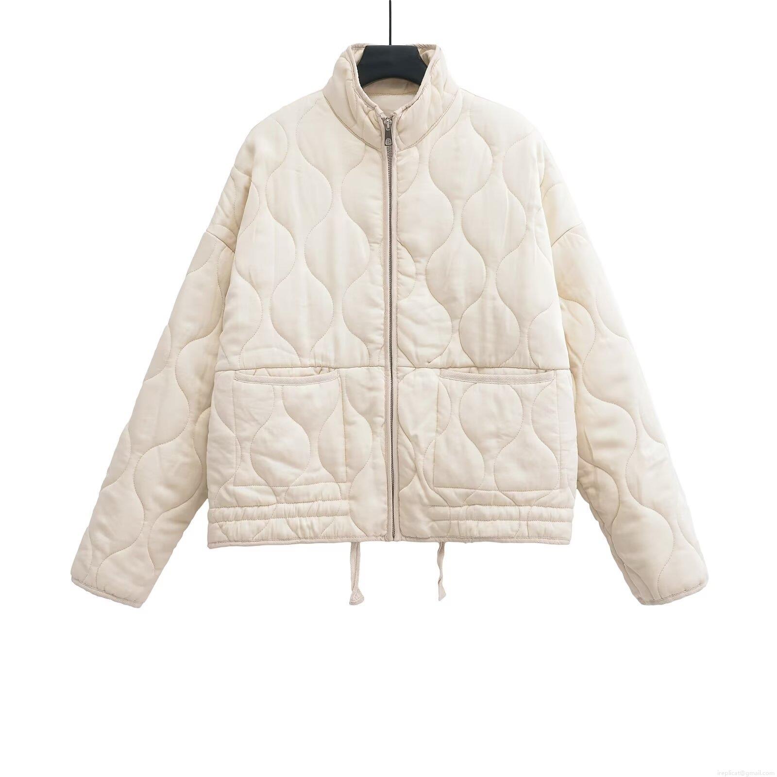 Women Stand Collar Quilted Jacket Zipper Pockets Drawstring Hem Polyester Cotton Blend Vintage Casual Padded Coat For Autumn Winter Daily Wear