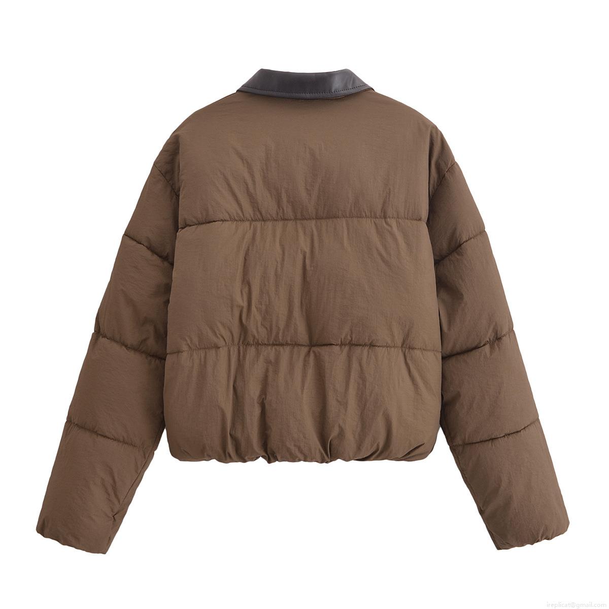 Women's Winter Puffer Jacket Polyester PU Leather Patchwork Quilted Warm Thickened Coat Daily Casual Vintage Short Outerwear For Women