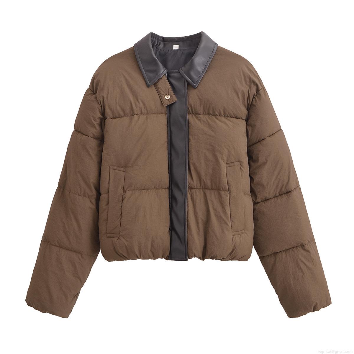 Women's Winter Puffer Jacket Polyester PU Leather Patchwork Quilted Warm Thickened Coat Daily Casual Vintage Short Outerwear For Women