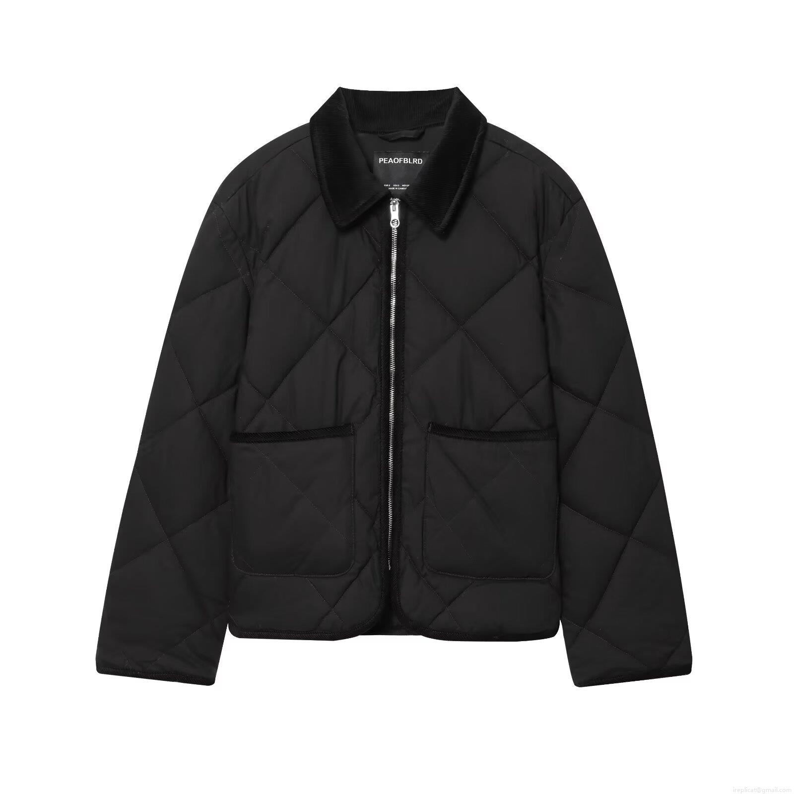 Women's Retro Diamond Quilted Jacket With Corduroy Collar Casual Long Sleeve Zip Up Puffer Coat Polyester Cotton Outerwear With Pockets For Autumn Winter