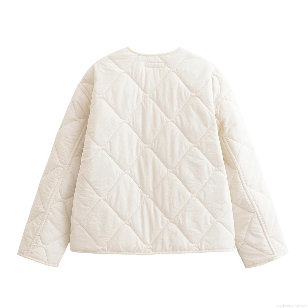 Women's Quilted Jacket Round Neck Diamond Lattice Padded Coat Solid Color Button Down Outerwear With Pockets Retro Casual Fashion Lady Lightweight Warm Cotton Jacket