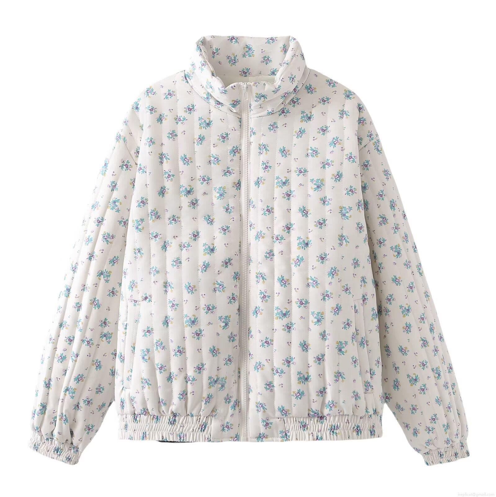 Women's Floral Quilted Jacket Stand Collar Zipper Puffer Coat Winter Warm Outwear Polyester Cotton Blend Floral Print Lightweight Padded Jacket For Women