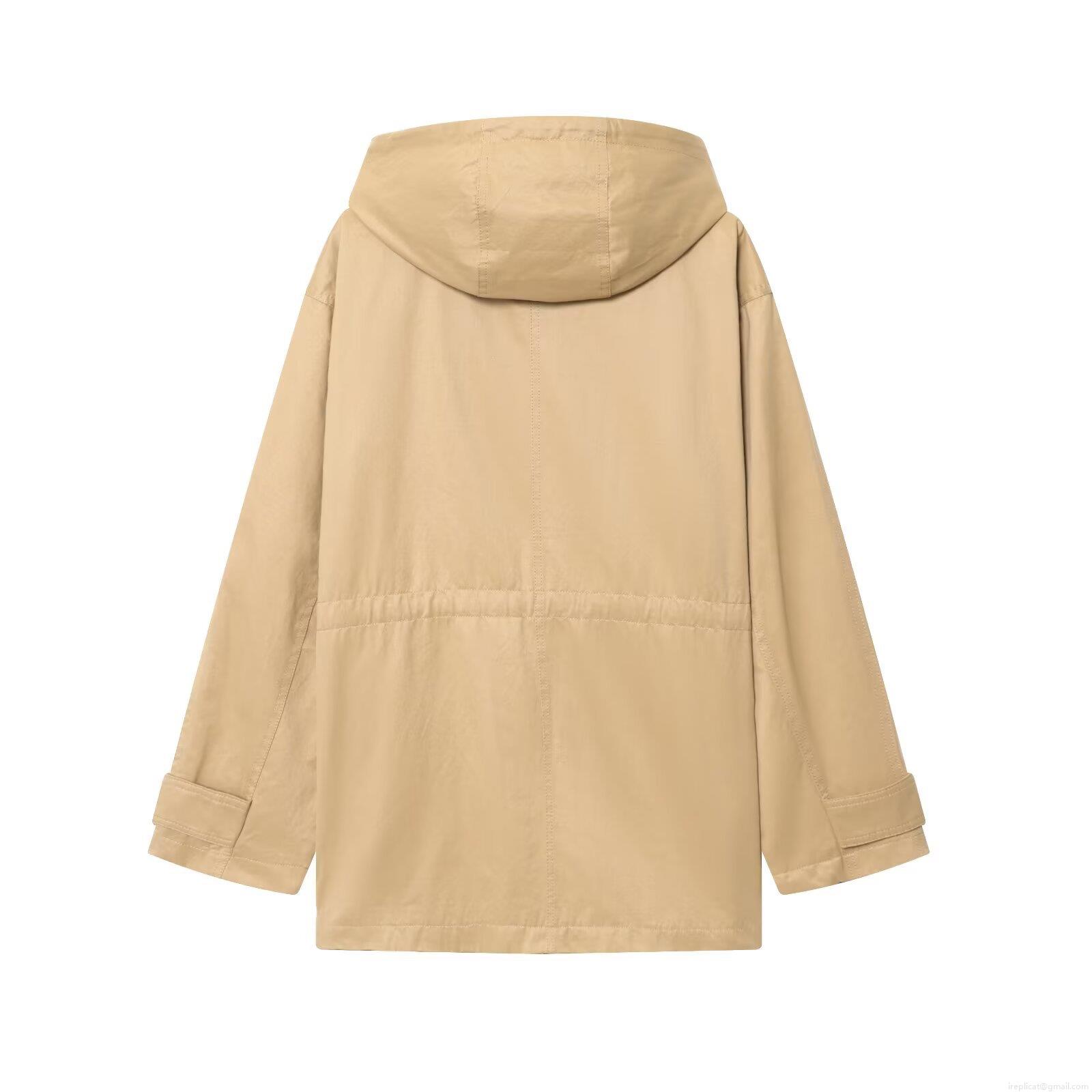 Women's Khaki Hooded Utility Jacket Casual Drawstring Waist Multi Cargo Pocket Polyester Windbreaker Coat Outwear For Spring Autumn Women
